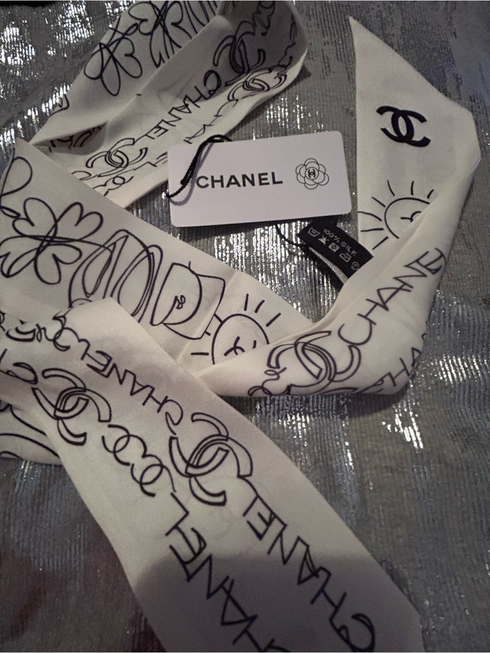 CC White & Black Logo 100% Silk Twilly Scarf